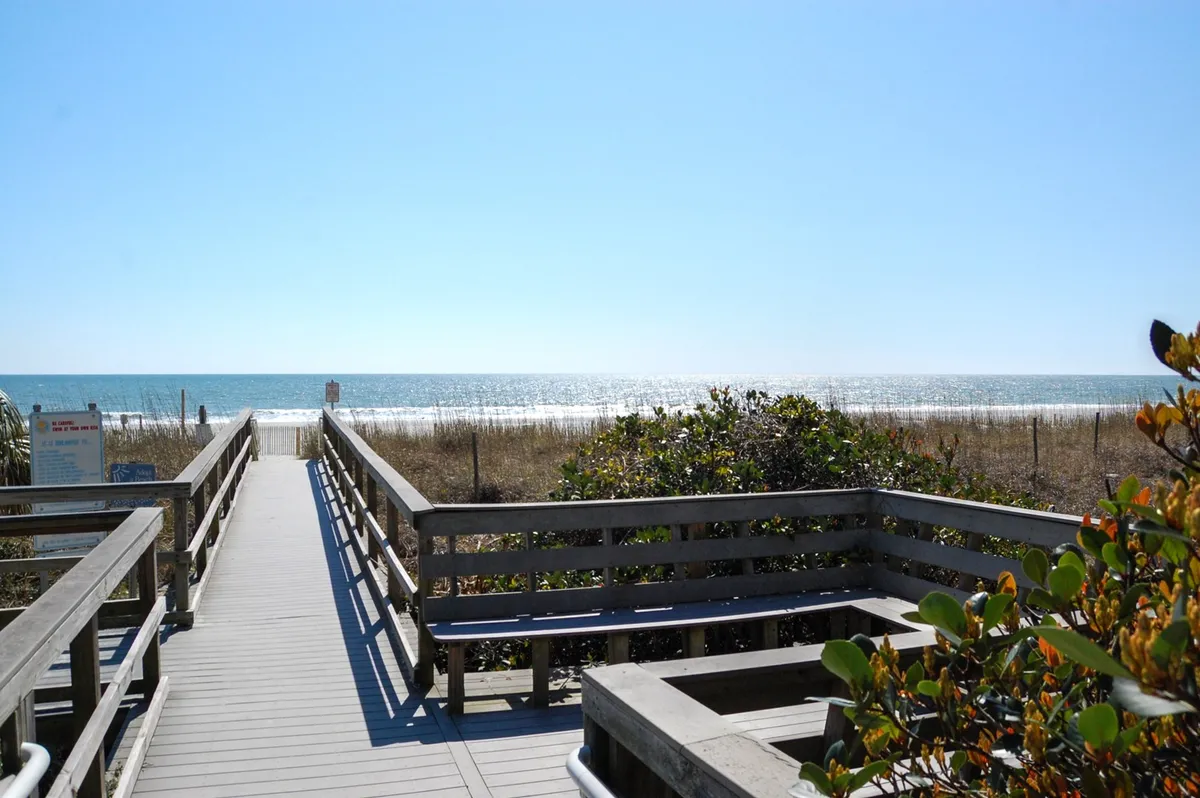 A tranquil boardwalk stretches out over soft dune grasses toward the shimmering ocean, with green shrubs lining the sandy path. The sky is clear and the atmosphere is peaceful, evoking a sense of calm and open coastal landscapes.