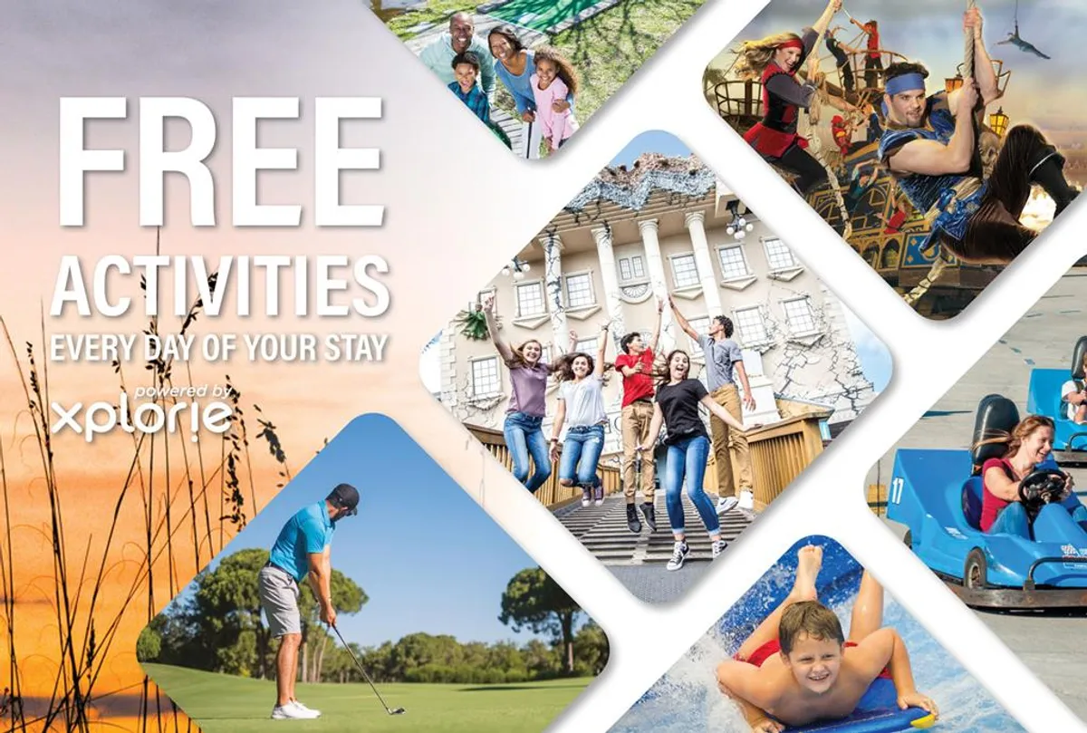 An energetic interior scene where families are engaged in a variety of activities—from swimming and golfing to enjoying theme park rides. The environment is full of laughter, activity, and a lively, communal atmosphere.